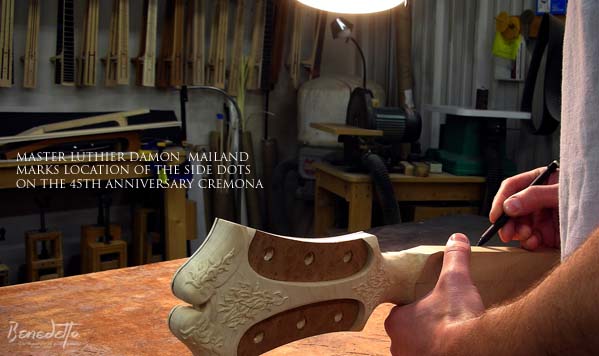 Master Luthier Damon Mailand marks the side dot locations on the Benedetto 45th Anniversary Archtop Guitar, 2013
