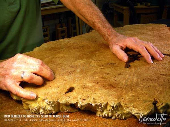Bob Benedetto inspects slab of maple burl for headstock faceplates 5-5-13