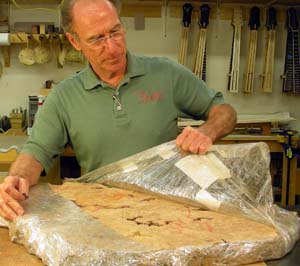 Christmas in May! Bob Benedetto unpacks the maple burl slab 5-5-13