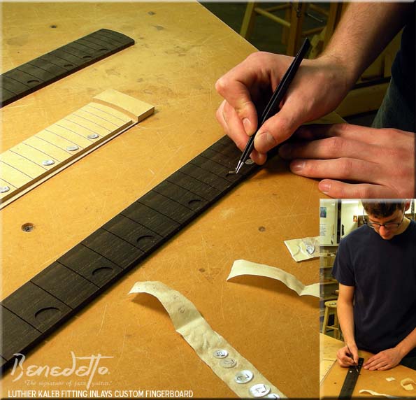 Luthier Kaleb Fittings inlays custom fingerboard at Benedetto Guitars, Savannah, GA 5-9-13