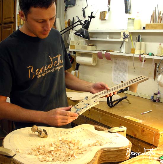 Master Luthier Damon Mailand works on a custom Benedetto 16-B Sycamore archtop 6-25-13