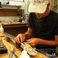 Ben Crittenden fits nut on Benedetto custom sycamore 16-B headstock of inlaid torquoise 7-31-13 Savannah GA  