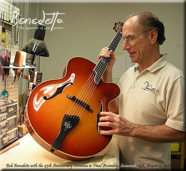 Bob Benedetto with the almost finished 45th Anniversary Cremona in Final Assembly, Savannah GA, 8-2-13