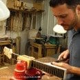 Damon Mailand carves neck of custom sycamore 16-B Benedetto Guitars Savannah GA 8-1-13 
