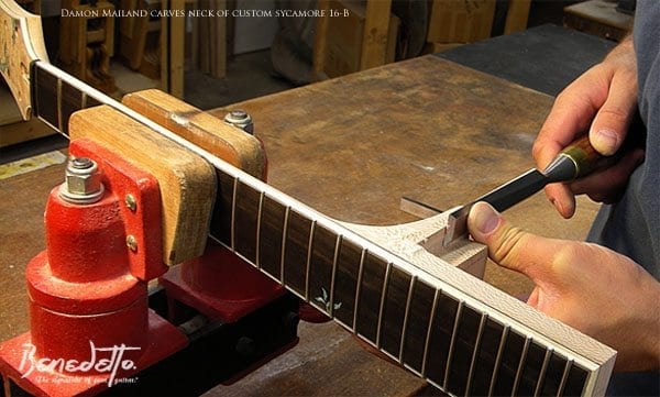 Damon Mailand carves neck of BENEDETTO sycamore 16-B custom 8-1-13 Benedetto Guitars Savannah GA