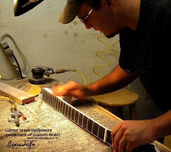Luthier Steve Holzknecht sands Bravo neck Benedetto Guitars Savannah GA 10-2-13