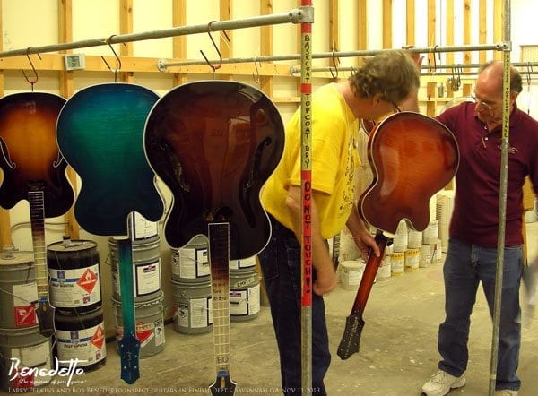 Benedetto Guitars Savanah GA - Larry Perkins and Bob Benedetto inspect guitars in Finish 11-11-13 news