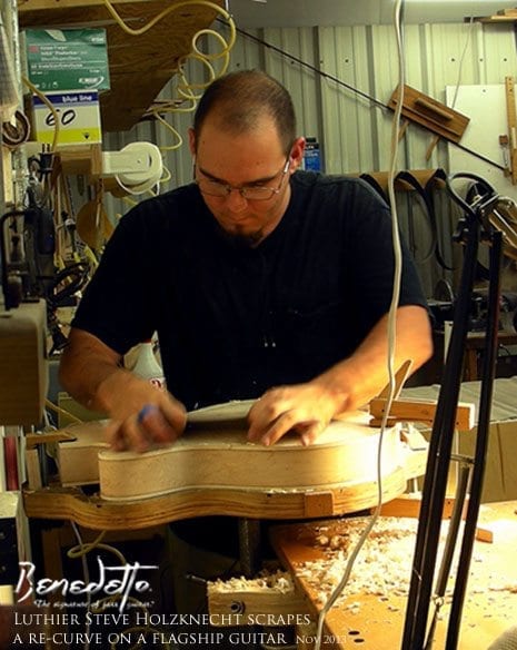 Luthier Steve Holzknecht scrapes a re-curve on a Flagship archtop -Benedetto Guitars Savannah GA Nov 12 2013 news3