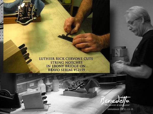 Luthier Rick Cervone cuts string notches in ebony bridge Bravo S2159 Benedetto Guitars news