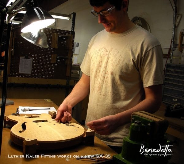 Luthier Kaleb Fitting works on a new Benedetto GA-35 1-20-14 news