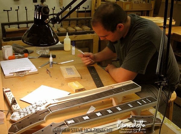 Luthier Steve Holzknecht works on Fingerboard inlays Benedetto Guitars Savannah GA 1-15-14 news sw