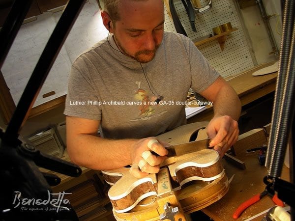 Luthier Phillip Archibald carves new GA-35 double cutaway Benedetto Guitars Savannah GA 1-22-14 cb news