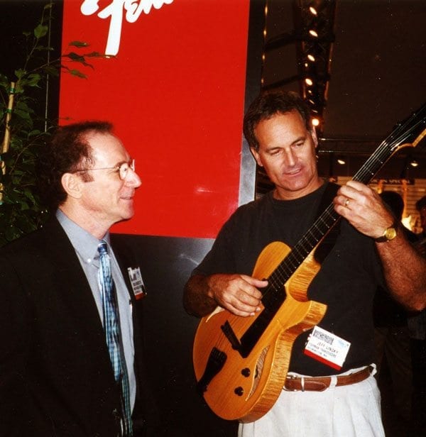 Bob Benedetto and Jeff Linksy with Bambino #45300 at Fender NAMM Show Jan 2000 news