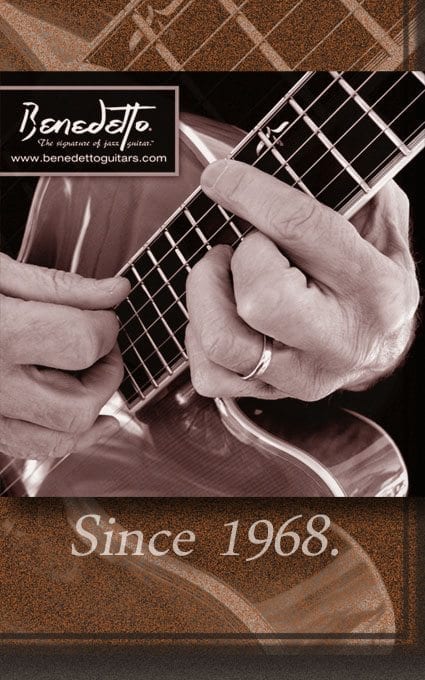 Benedetto Guitars since 1968 - Hands playing jazz guitar sepia toned - small2