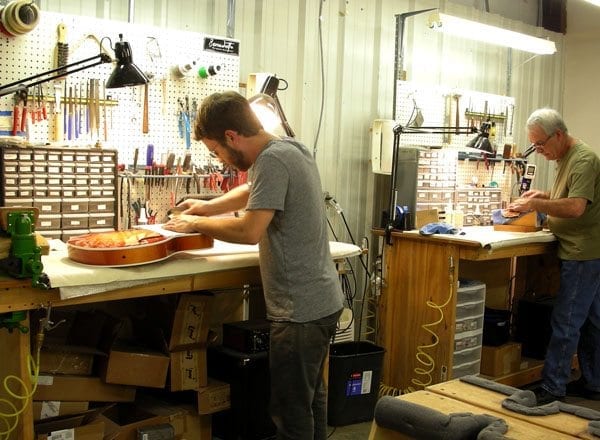 Luthiers Mark Sayler and Rick Cervone Final Assembly Benedetto Guitars 7-31-14 news