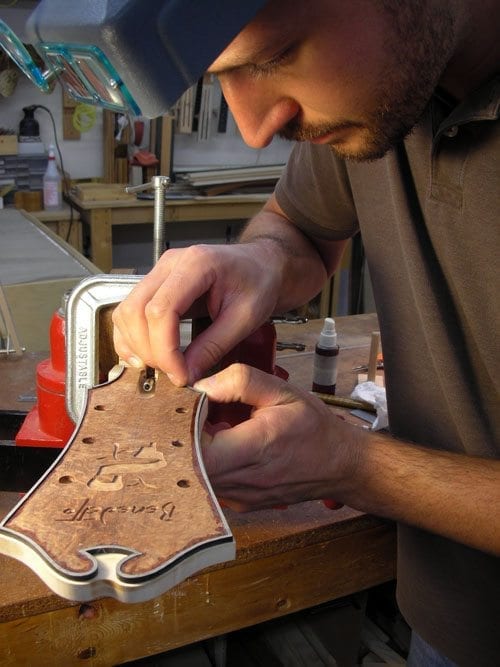 Master Luthier Damon Mailand binds Benedetto Cremona headstock Savannah GA 7-30-14 cb news