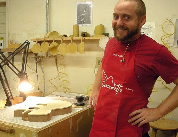 Luthier Phillip Archibald with Benedetto shop apron 9-9-14