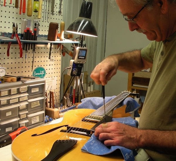 Luthier Rick Cervone sets up Bravo 7-31-14 Benedetto Guitars Savannah