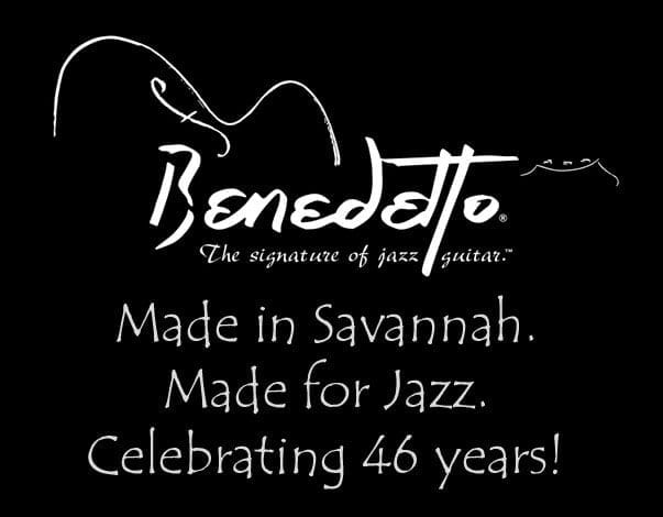 Benedetto Guitars logo made in savannah made for jazz celebrating 46 years
