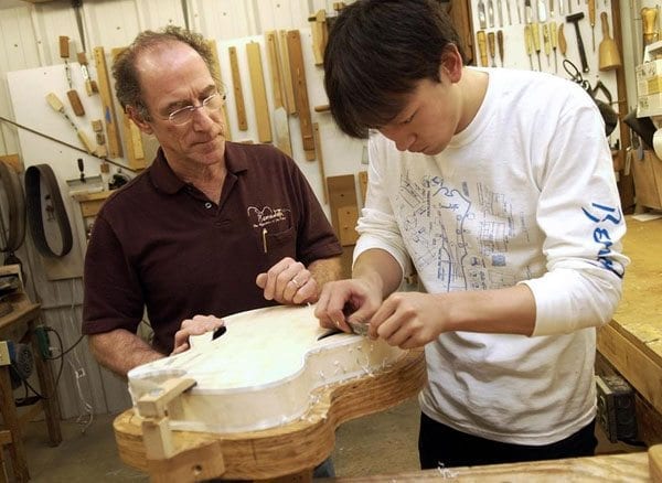 Bob Benedetto and Koji Yamamoto work on Benedetto Guitar for URURUN Japanese tv show Nov 2007 filmed in Savannah GA
