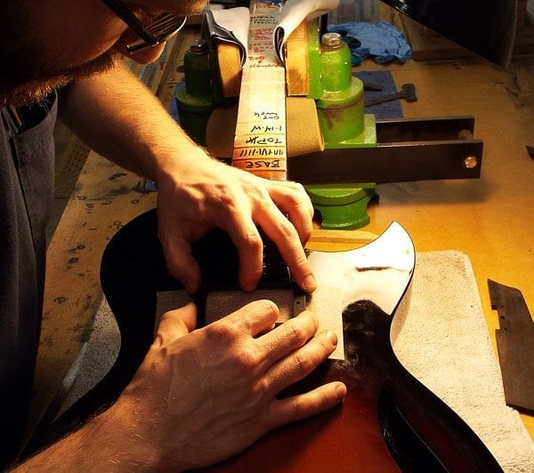 Luthier Mark Saylor fitting pickup ring on S2233 Bambino Elite 1-26-15 